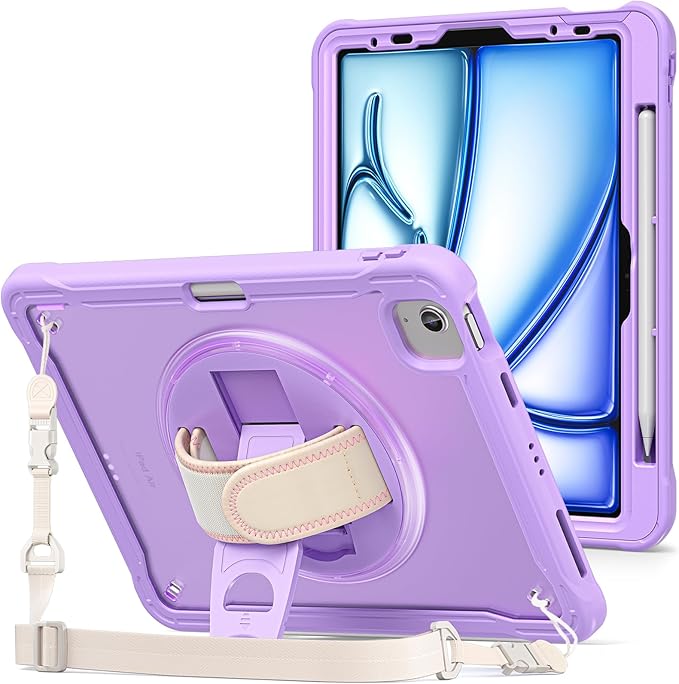 ProCase for iPad Air 11-inch M4 2026/ M3 2025/ M2 2024/ Air 5th / 4th Gen 10.9"/ iPad Pro 11" 4th/3rd/2nd/1st Gen, Heavy Duty Shockproof Cover with Hand Strap 360 Degree Rotatable Kickstand -Purple