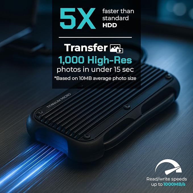 Titanium Micro External SSD 2TB - Mercury Portable SSD, Up to 1000MB/s, USB 3.2 Gen 2 USB-C USBA, Rugged IP66 Water Resistance, Drop Proof, External Solid State Drive Slim and Lightweight Storage