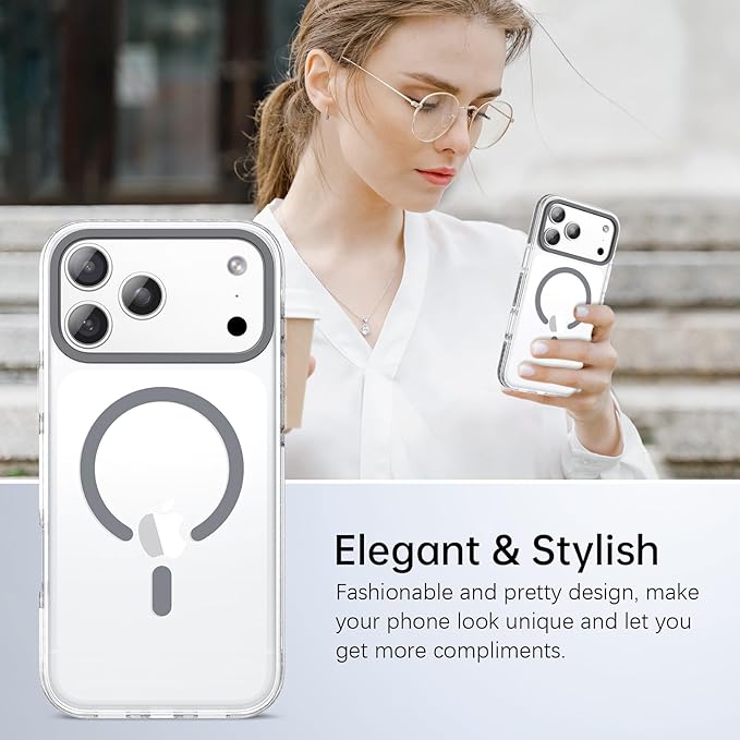 BENTOBEN Magnetic for iPhone 17 Pro 6.3" Case, Compatible with Magsafe Military Shockproof Protective Cute Transparent Slim Anti-Yellowing Phone Case for iPhone 17 Pro Cover, Clear Gray
