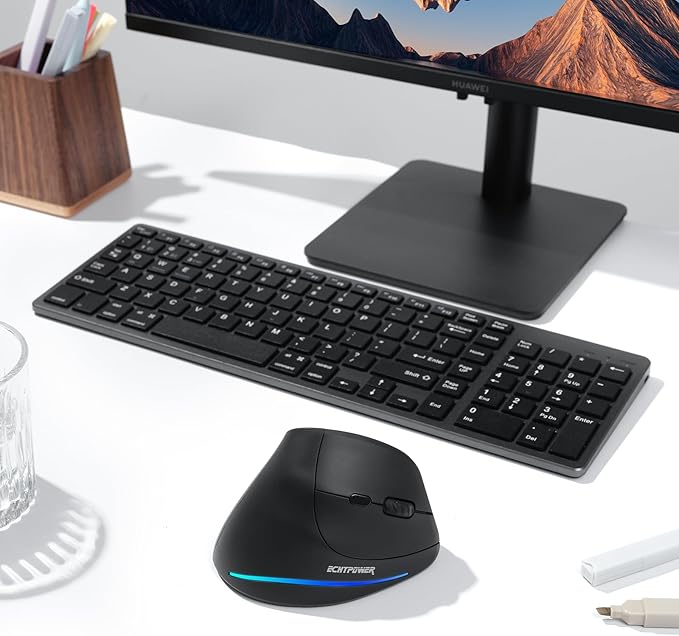 ECHTPower Wireless Bluetooth Mouse, Ergonomic Mouse with LED Light, Tri-Mode BT5.0+BT5.0+2.4GHz, Vertical Mouse Adjustable DPI 2400/1600/1000, Rechargeable Mice for PC, Laptop, Mac, Window