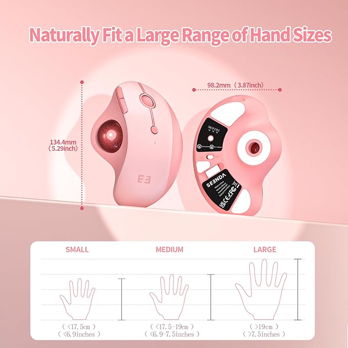 seenda Wireless Trackball Mouse, Ergonomic Bluetooth Rollerball Mouse Rechargeable, 3 Device Connection Optical Mice Adjustable DPI Thumb Control Mice Compatible for PC/Laptop/Windows/Mac - Pink