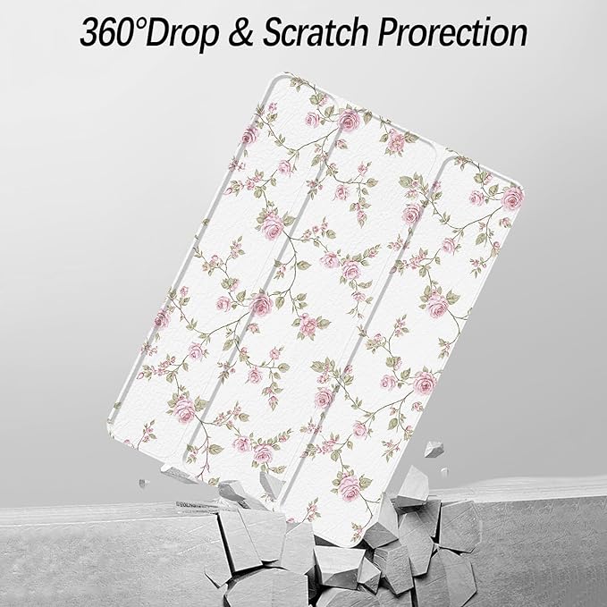 Case for iPad 9th / 8th / 7th Generation (2021/2020/2019) 10.2 inch, Case with Pencil Holder, Stand Clear Back Cover Cute Cool Design for Women Girls, Auto Sleep/Wake, Pink Flower