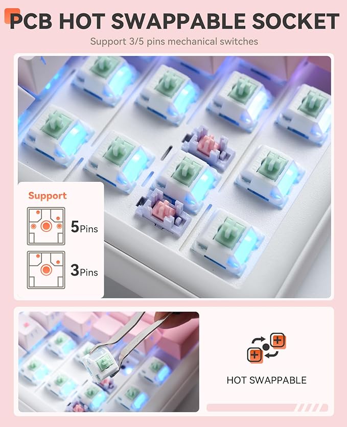 DAREU EK98pro Sakura Pink Wireless Mechanical Keyboard,Tri-Mode BT/2.4GHz/USB-C Creamy Gaming Keyboard with Number Pad,Gasket Structure,Hot Swappable Custom,RGB Backlit for Win/Mac