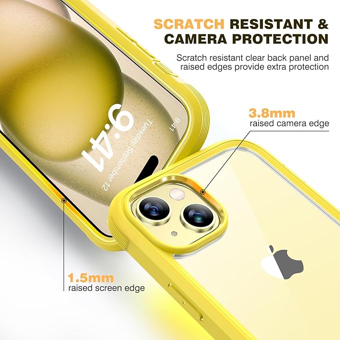 Diaclara Designed for iPhone 15 Case, Full Body Rugged Case with Built-in Touch Sensitive Anti-Scratch Screen Protector, with Camera Lens Protector(Lemon Yellow)