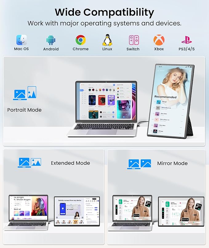 Portable Monitor, 16" 1200P FHD Laptop Screen Extender, Detachable Horizontal/Vertical Monitor, Plug & Play Dual Travel Monitor Build-in Speaker for Laptop/Mac/Windows