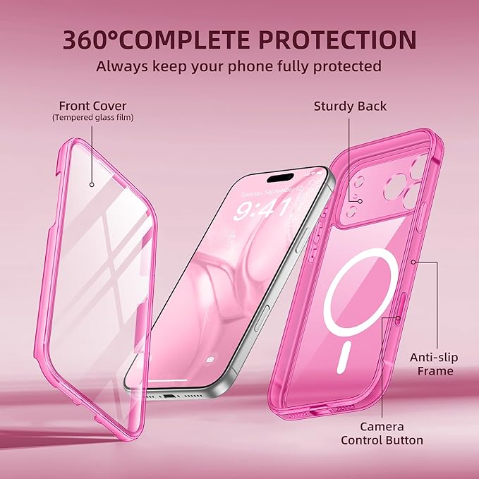 BERFY for iPhone 17 Pro Max Case, Compatible with MagSafe, Built-in Glass Screen Protector, Camera Protection, Shockproof Full Body Phone case 6.9", Clear Bright Pink