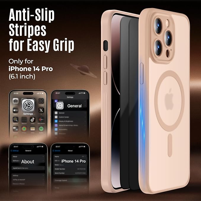 Symcele Designed for iPhone 14 Pro Case, Compatible with MagSafe, with Privacy Screen Protectors X2, [Camera Protection] [15FT Military Drop Protection] Shockproof Phone Case, 6.1", Light Brown