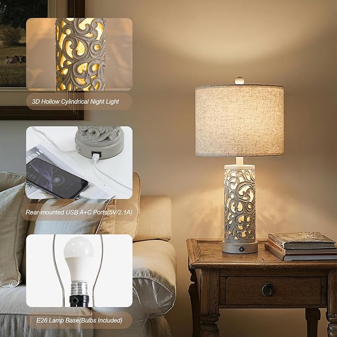 OYEARS Bedside Table Lamps Set of 2 with USB & Night Light, 22'' Farmhouse Bedroom Lamps for Nightstand, Vintage Table Lamps for Bedroom Living Room Home Offce (Bulb Included)