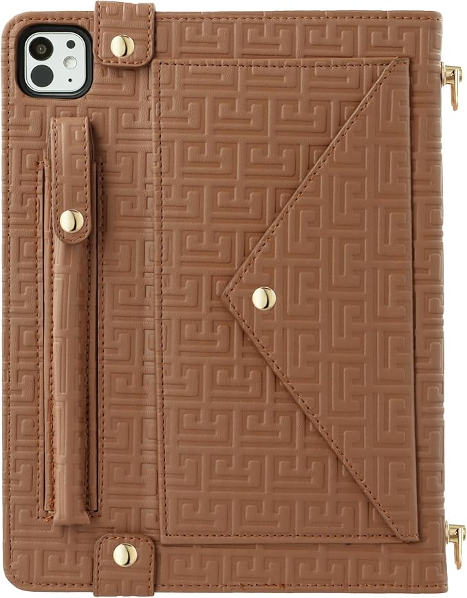 Handbag Case for iPad Pro 11-inch 2025 M5/2024 M4, Techcircle Elegant Crossbody PU Leather Folio Envelope Pocket Stand Cover with Hand Strap+Shoulder Strap+Pencil Holder+Card Slots, Brown