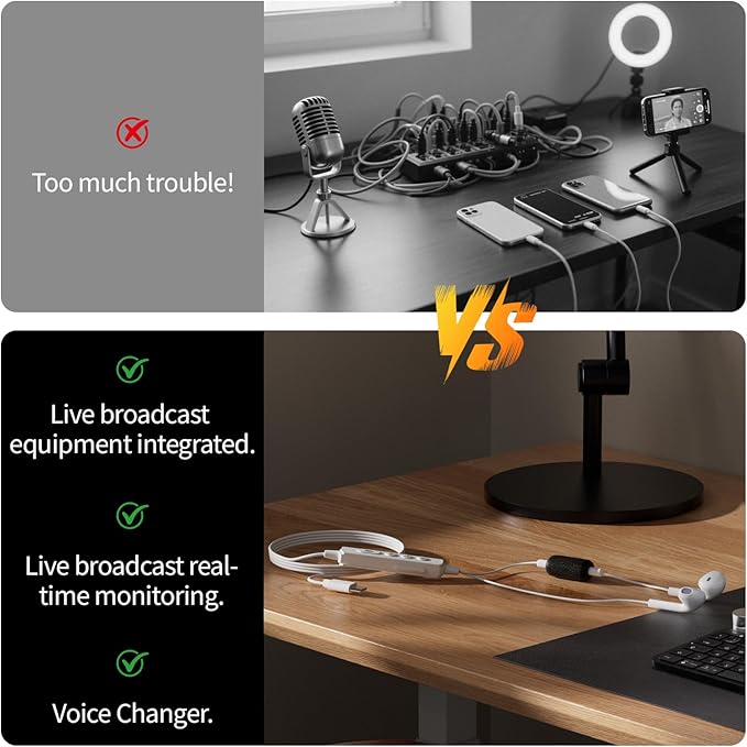 Sound Card Karaoke Headset with in-Ear Monitoring, Voice Changer, Reverberation, Built-in Sound Card, Karaoke Microphone, Portable Karaoke Headphones, Type C HiFi Wired Earbuds for Musician