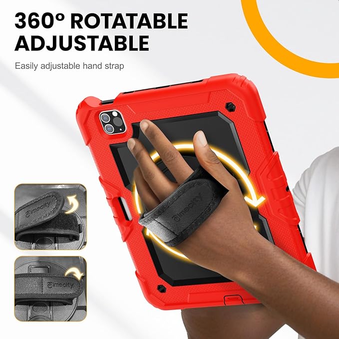Timecity Case for iPad Pro 11 inch 4th/3rd/2nd/1st Generation 2022/2021/2020/2018, Heavy Duty Protective Case with Screen Protector, Swivel Stand, Hand/Shoulder Strap,Pencil Holder Case- Red