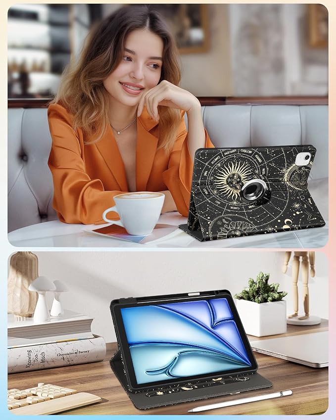 Kidcube for iPad Air 11 Inch Case M3/M2, Air 5th/4th Generation Cases 10.9'', Pro 11'' 2020 - Women Girl Aesthetic Cute Rotating Stand Folio Cover with Pencil Holder & Card Slot Girly Sun Moon Stars