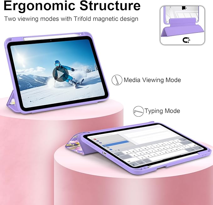 Case for iPad Air 11 inch M4 2026 M3 2025 M2 2024,iPad Air 5th (2022) / 4th (2020) 10.9 Inch Clear Back Shell Lightweight TPU Trifold Stand Auto Wake Sleep Cute Cover, Watercolor Flower