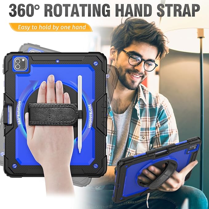 HXCASEAC Case for iPad Pro 12.9 Case (6th 5th 4th 3rd Generation), Shockproof Design | Pencil Holder | Hand Strap | Screen Protector | Heavy Duty Protective iPad 12.9 inch 2022/2021/2020/2018 - Blue