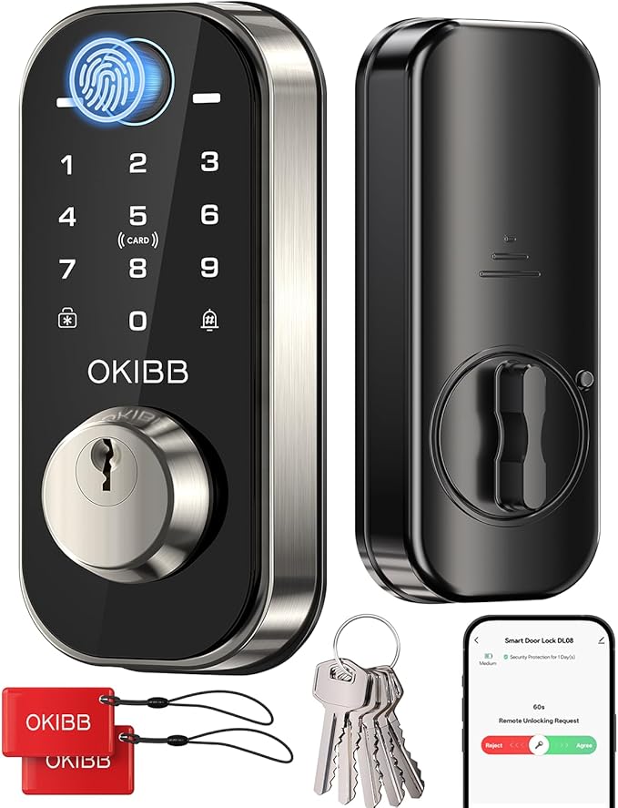 Fingerprint Door Lock for Front Door Built-in Wi-Fi OKIBB, Smart Keyless Entry Door Lock with APP Touchscreen Keypad Deadbolt, Emergency Power Port, One-Touch, IP54 Weatherproof, BHMA Grade 3