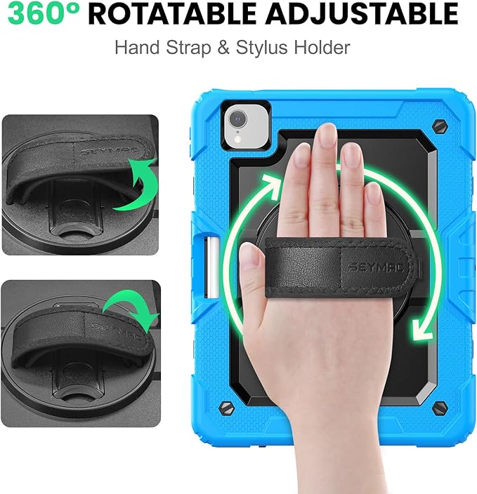 SEYMAC Case for iPad Air 5th/ 4th Generation 10.9", Full-Body Shockproof Protective Case with Screen Protector, Rotating Stand/Handle/Shoulder Strap/Pencil Holder for iPad Air 5/ Air 4, Sky Blue