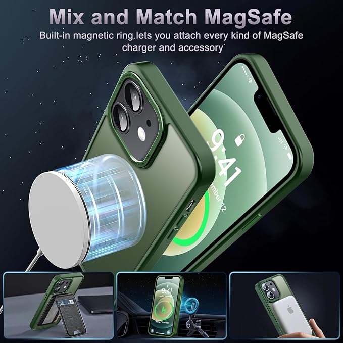 Newfuture Designed for iPhone 12 Case/iPhone 12 Pro Case with Magnetic [13 FT Military Drop Protection] [Compatible with Magsafe] Translucent Shockproof with Anti-Fingerprint Phone Case, Dark Green
