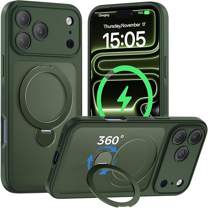 for iPhone 17 Pro Max Case [ 360° Spin Magnetic Stand] [Full Camera Protection] Compatible with Magsafe, 15FT Military-Grade Protection, Translucent Anti-Slip Phone Case 6.9'', Deep Green