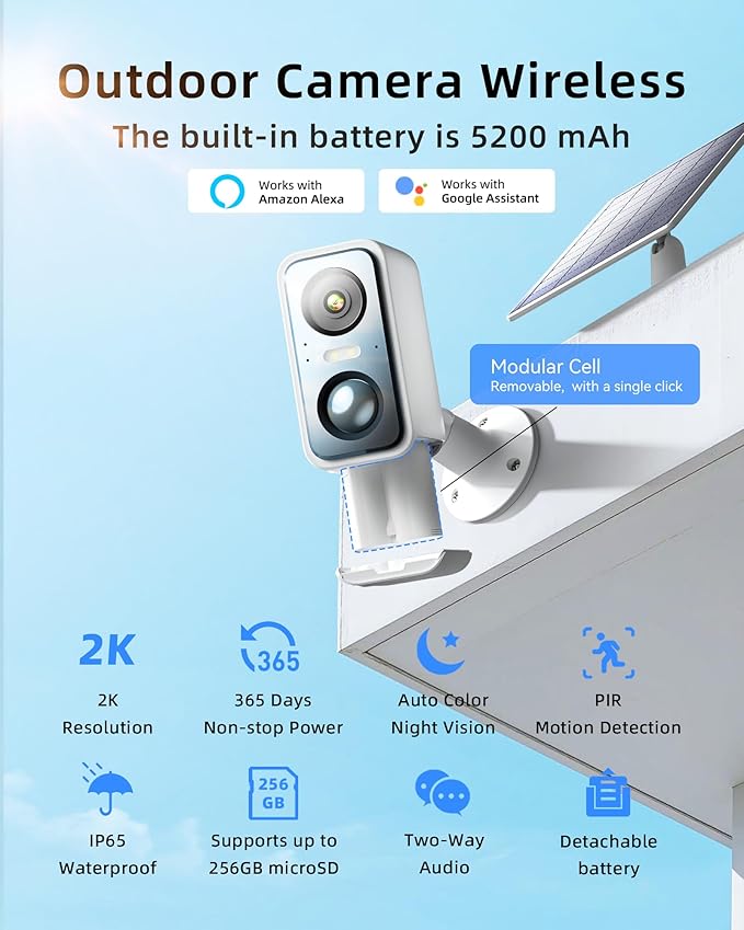 2K/3MP Security Camera Wireless Outdoor,Solar Powered WiFi Cameras for Home Security with AI Motion Detection,Color Night Vision(Spotlight),Instant Alert,2-Way Audio,Siren&SD/Cloud Storage,Only 2.4GHz