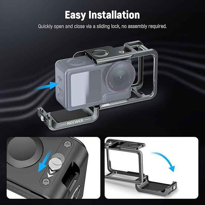 NEEWER AC014 Action 5 Pro Cage Video Rig with Cold Shoe, 1/4" Thread, Shutter Button, Cleaning Cloth Compatible with DJI Osmo Action 5 Pro / 4/3 DJI Mic Magnetic Adapter Mount, Dark Gray