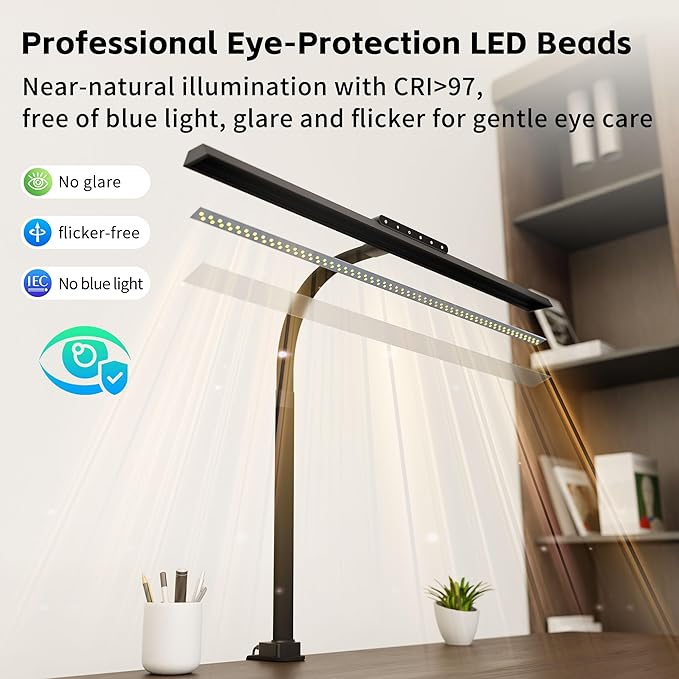 Architect Desk Lamp with Clamp, Eye-Caring Clip on Desk Lights for Home Office, Touch Control Dimmable LED Computer Light with Color Changing, 24W Bright Desktop Lamp for Drawing Crafts, Black