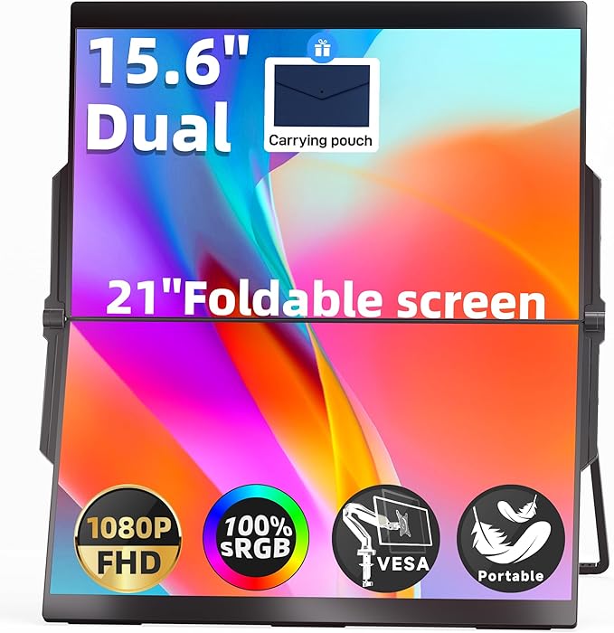 Ingnok Dual Portable Monitor,15.6inch FHD 1080P Screen with USB-C mini HDMI, Foldable Screen Design,Portable Dual Monitor Compatible with Windows/Mac, Easy Setup for Work