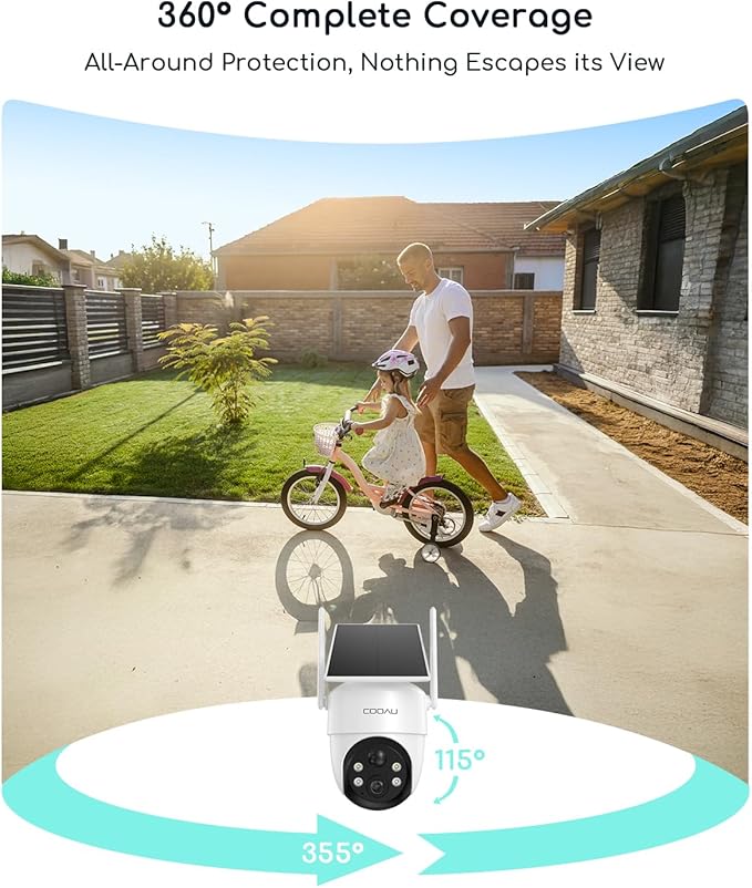 COOAU Solar Security Cameras Wireless Outdoor – Low-Light Rechargeable, Easy to Install, 2K 360° Cameras for Home Security, Surveillance Cam with AI Smart Detection, Color Night Vision,IP66, Alexa