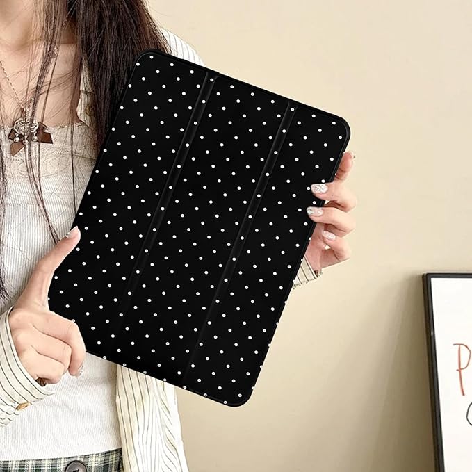 Lovmooful Compatible for iPad 11th 11-Inch A16 (2025),iPad 10 (10.9-Inch,2022 Model,10th Generation) Case with Pencil Holder Cute Polka Dot Aesthetic Design Soft TPU Trifold Stand Protective-Black