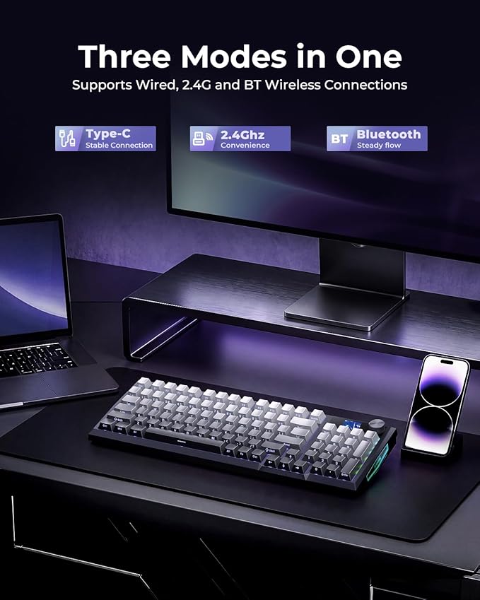 Redragon Wireless Mechanical Keyboard, Gasket RGB Gaming Keyboard with Screen & Knob, Tri-Mode BT5.0/2.4G/USB-C, 95 Keys Hot Swappable, Side Printed PBT Keycaps, Thick Pre-Lubed Linear Switch, K725SP