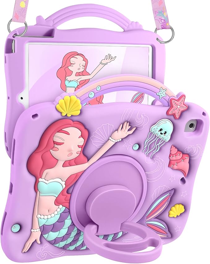 Boaretiu for iPad 6th/5th Generation Case - Pro 9.7 Inch Cute Cartoon Mermaids Girls Teens Soft 3D Silicone for iPad Air 2/Air 1 Tablet Cover with Strap & Rotating Stand