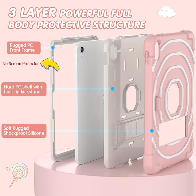 SIBEITU Kids Case for iPad (A16) 11th Generation 11-inch 2025/ 10th Gen 10.9-inch 2022, Shockproof Rugged Hybrid 3-Layer Protective Cover with Kickstand & Pencil Holder for Girls Boys (Pink+White)
