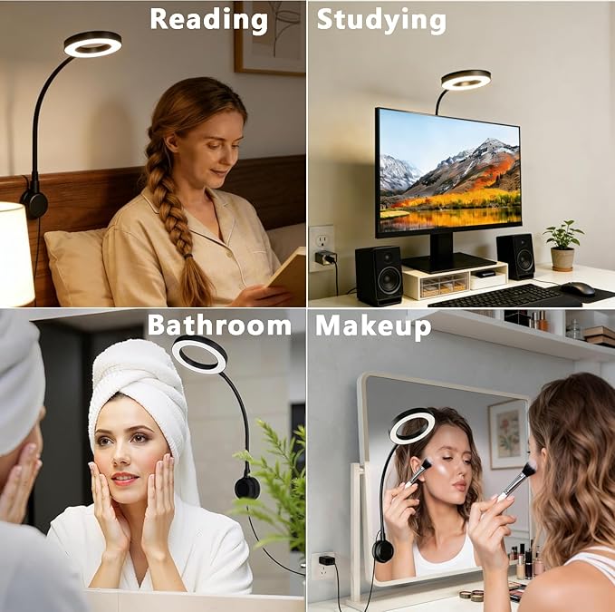 Suction Cup LED Desk Lamp for Computer Monitor, 3 Modes 10 Brightness, 7W USB Adapter, Flexible Gooseneck Ring Light for Desk, Fill Light, Office Home, Bedside, Reading, Study, Workbench, Black