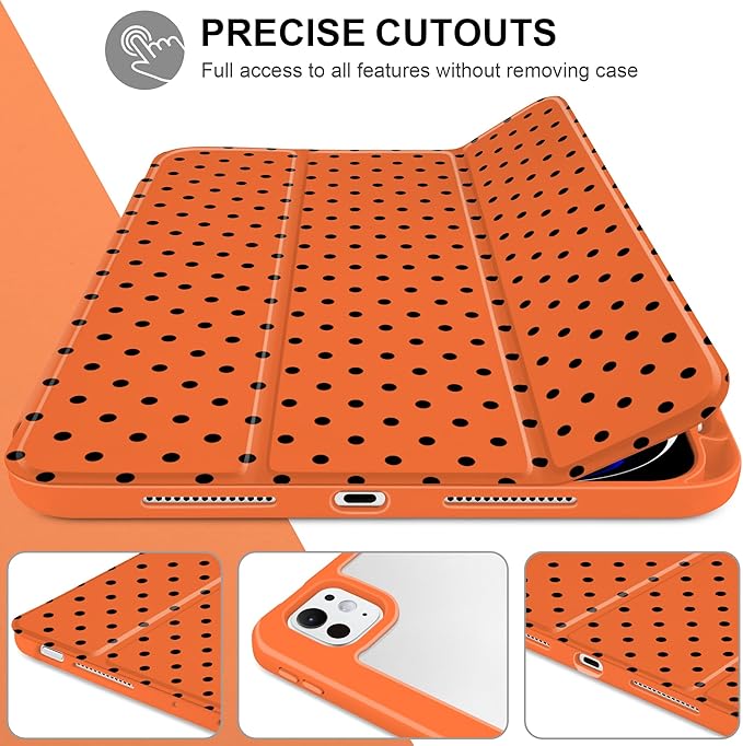 Case for iPad Pro 11 Inch (M5 2025 M4 2024) – [Built-in Pencil Holder], Shockproof & Stylish, Clear Hard Back + Soft TPU Edge, Magnetic Trifold Stand, Auto Wake/Sleep, Orange Polka dot