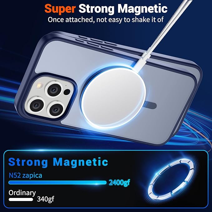 SUPFINE Magnetic for iPhone 15 Pro Max Case (Compatible with MagSafe) (Military Grade Drop Protection) Translucent Matte Shockproof with Anti-Fingerprint Phone Case,Navy Blue