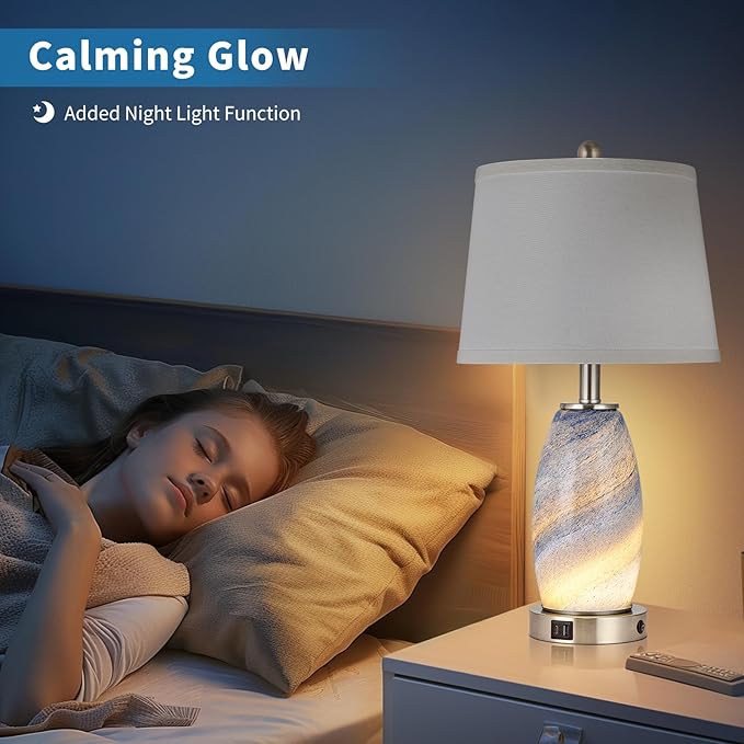 Lovlast Blue Lamps Set of 2 for Bedroom & Bedside with 3-Way Lighting Modes & USB C+A - Modern Style Glass Nightstand Table Lamps for Living Room & Bedroom Decoration (23.5" H)