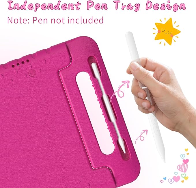 for iPad Pro 11 inch Case 2024 M4, Kids Proof Super Protection Cover for iPad Pro 11" with Pencil Holder & Anti-Slip Handle Stand - Rose Red