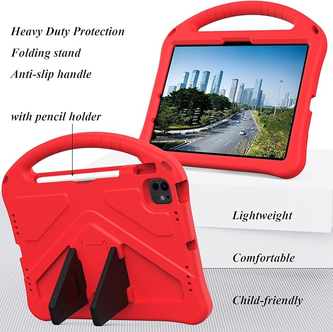 Kids Case for iPad Air 11 inch M4/M3/M2 (2026/2025/2024) & iPad Pro 11 inch M5/M4 (2025/2024) with Pencil Holder/Handle Kickstand/Lightweight Soft EVA Shockproof Boy Girl Stand Cover, Red
