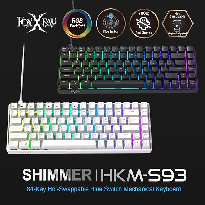 FOXXRAY HKM-S93 Mechanical Gaming Keyboard, Compact 75% Layout Hot-Swappable Gaming Keyboard Blue Switch, RGB Backlit with Customizable Keys, 84-Key Wired Computer Keyboards for Laptop PC Gamer-Black