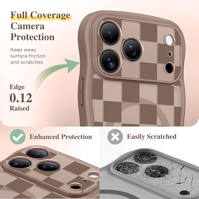 GVIEWIN for iPhone 17 Pro Case Compatible with MagSafe [Curly Wave Edge][Full Camera Protection] Floral Translucent Shockproof Magnetic Women Phone Case for iPhone 17 Pro 6.3'', Grids/Brown