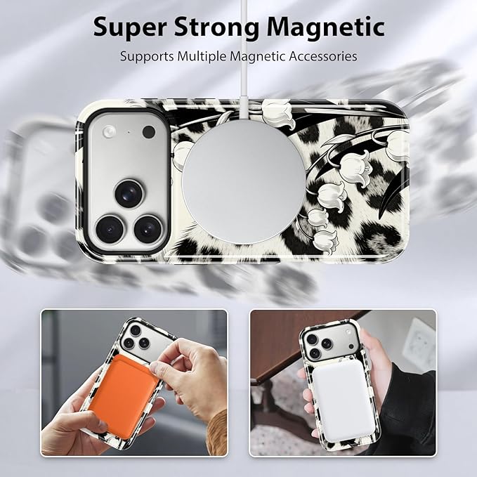 KANGHAR Compatible with iPhone 17 Pro Case, Support for MagSafe, Silicone Leopard Flower Cool Pattern, Finger Hold Wristband Kickstand Camera Protection Soft Slim Phone Case for Girls Women -Black