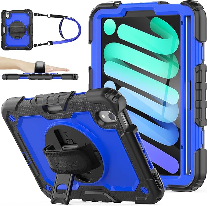 SEYMAC stock Case for iPad mini 7 (A17 Pro) 2024/ Mini 6 8.3'' with Screen Protector Pencil Holder [360 Rotating Hand Strap] &Stand, Drop-Proof Case for iPad mini 7th/6th Generation 8.3", Blue+Black