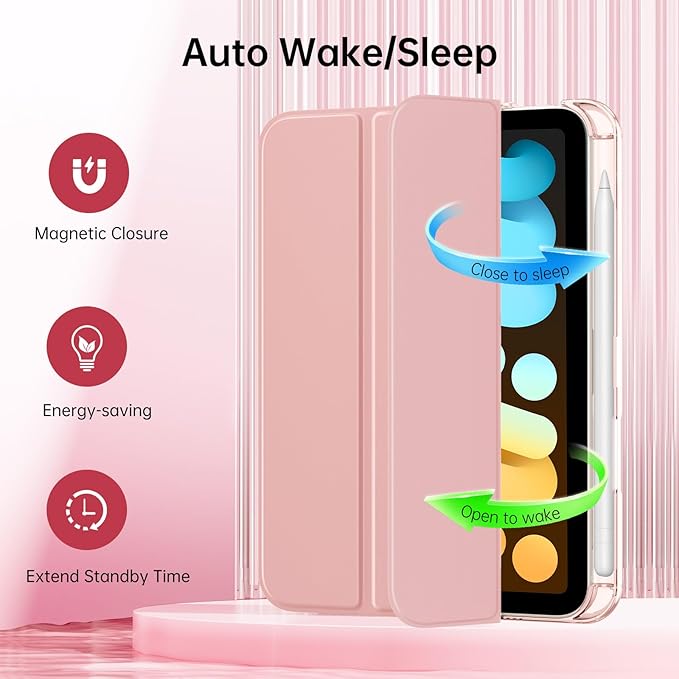 MoKo for iPad mini 7 A17 Pro Case 2024, iPad mini 6th Generation Case 8.3 Inch 2021 with Pencil Holder, Slim Light Trifold Smart Protective Cover with Hard PC Translucent Back Shell, Rose Gold