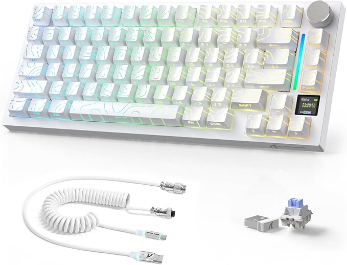Attack Shark X820Ultra Wireless 75% Mechanical Gaming Keyboard with Screen & Knob Hot Swap 2.4GHz/BT/Wired RGB Backlit Gasket Mount Side Print PBT Keycap QMK Web Driver Shark Switch-White Contour