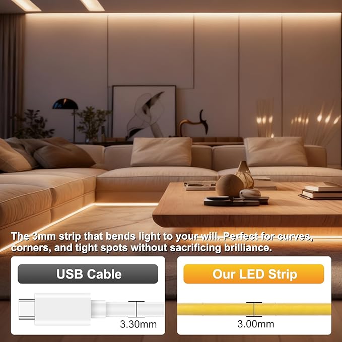 3mm COB Strip Light, DC 24V Ice Blue 16.4ft Flexible Cuttable Ultra-Thin LED Tape CRI>90 Uniform Dotless 400LEDs/M LED Light for for Christmas Bedroom Home Kitchen Cabinet Decor (NO Power Supply)