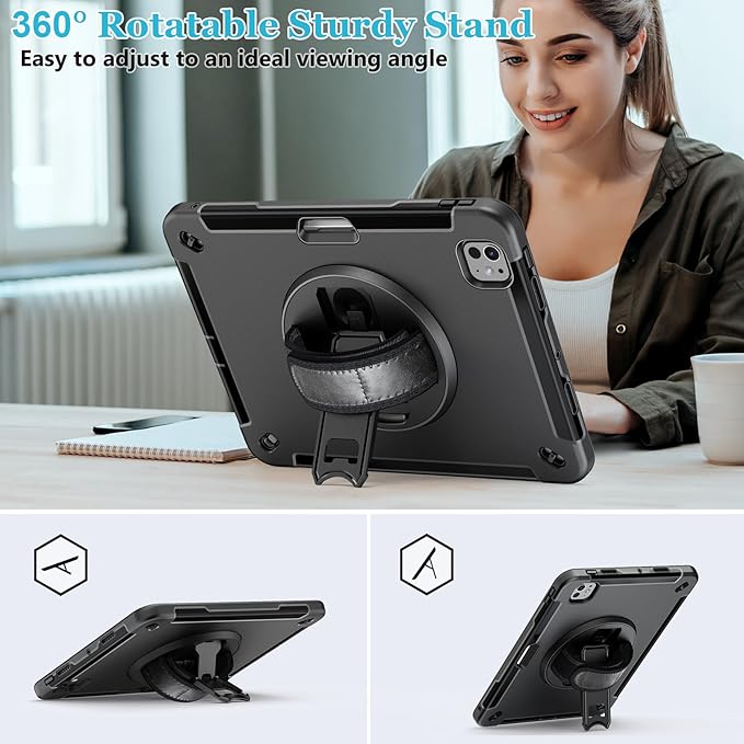 Case for iPad Pro 13 Inch M5 2025/ M4 2024: Military Grade Cover for iPad Pro 13" with Screen Protector - Stand - Handle - Shoulder Strap - Pencil Holder- Black