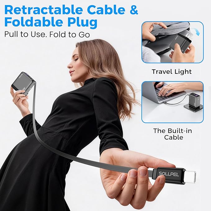 Retractable 100W USB C Charger, 3-Port GaN Fast Phone Charger with Smart Display & Touch Control, Foldable Wall Charger for iPhone 17/16, MacBook Pro/Air, iPad & More (Built-in Cable)
