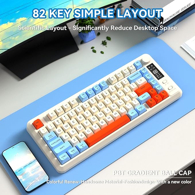 ZIYOU LANG M75 Wireless Gaming Keyboard, RGB Backlit Rechargeable 2000mAh Battery, Small Membrane But Mechanical Feel Keyboard with Smart Display & Knob, PBT Gradient keycaps for PC, MAC - Blueberry