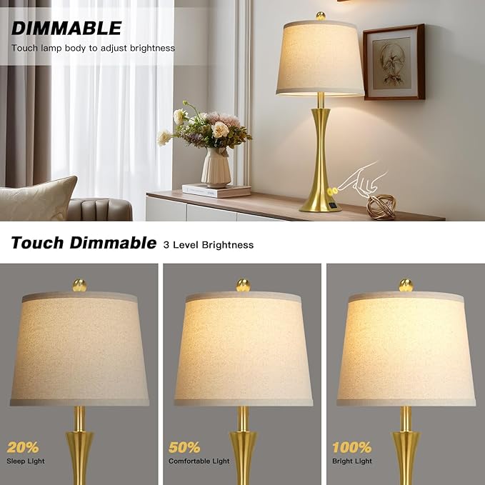 Rinweey 27.5" Gold Lamps Set of 2, Touch Control 3-Way Dimmable Bedside Nightstand Lamps Bedroom Lamp,Modern Gold Table Lamp with USB A+C Ports,Tall Lamps for Living Room End Table Home Office