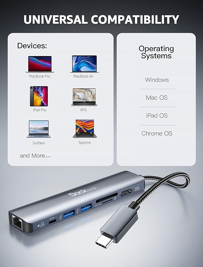 dockteck 7-in-1 USB C Hub with 4K 60Hz HDMI, 1Gbps Ethernet, 100W Power Delivery, SD/TF Card Slots, USB 3.0 Data Ports for MacBook, iPad Pro, XPS