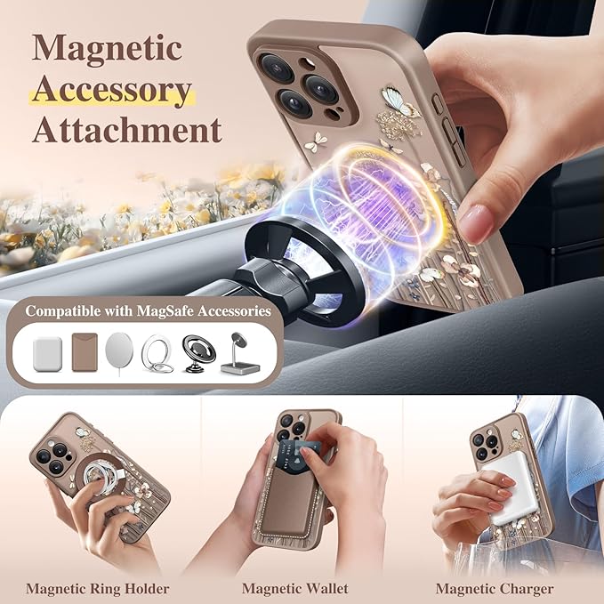 GVIEWIN for iPhone 16 Pro Case Compatible with MagSafe, [Military Grade Protection] [Screen Protector] Full Camera Protection Floral Translucent Women Magnetic Phone Case, Autumnflit/Brown